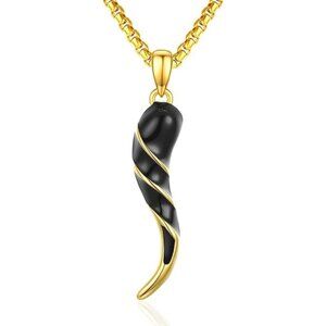Black Italian Horn Cornicello Necklace Gold Plated 925 Silver 24in NWT